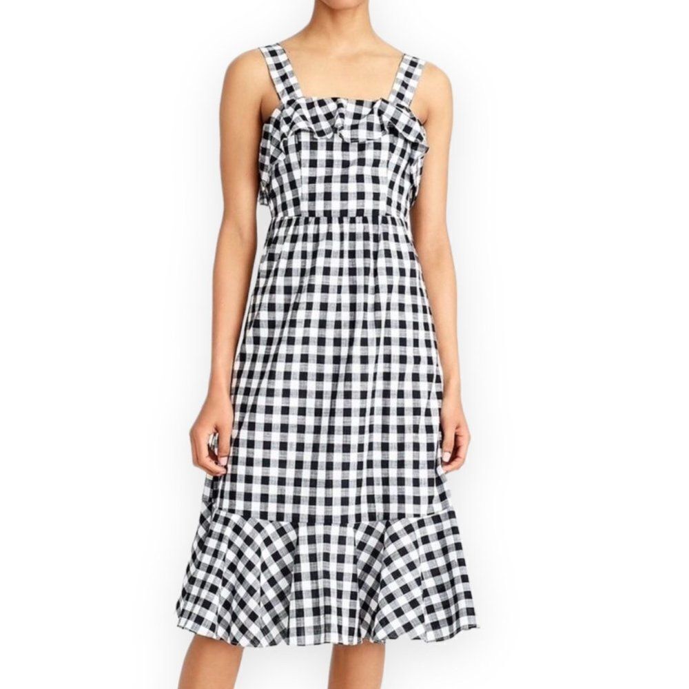 Cotton Gingham Summer Dress Ruffle Smocked Black White M NWT